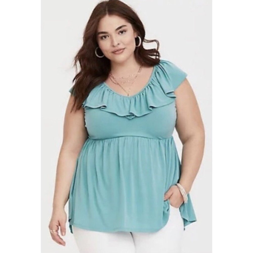 TORRID SEA GREEN JERSEY KNIT BABYDOLL TANK 2X RUFFLE TRIM